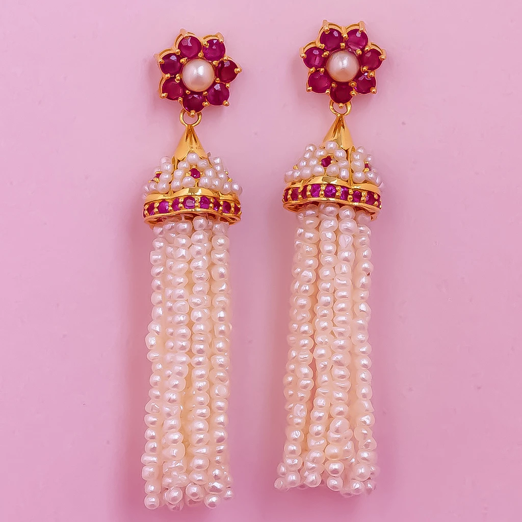 LJ036: Ruby Pearls Tassel Earrings